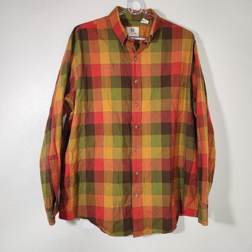 Viyella Button Down Gingham Plaid Orange Red Green Cotton Wool Blend XL